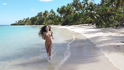 Slender Colombian babe in sexy bikini Irene Rouse running surpassing the run aground